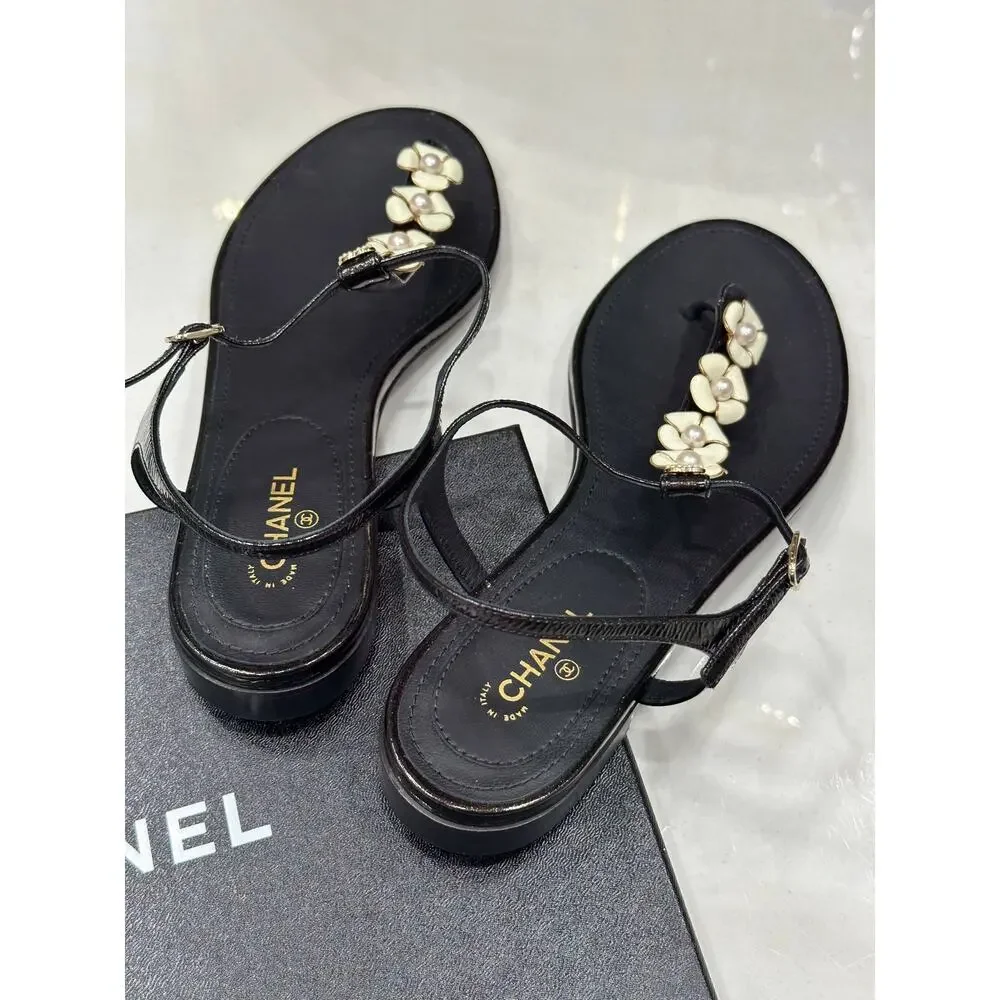 Chanel Black Flower Pearl Thong Sandals - EU 41